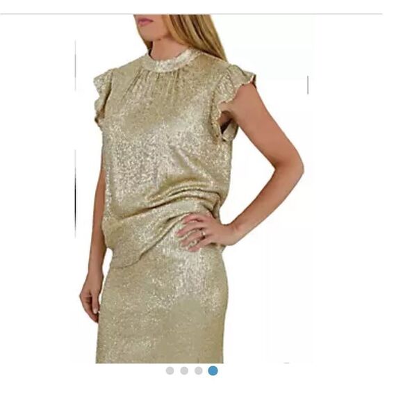 DR2 Champagne Gold matte sequin ruffle cap sleeve top  party holiday top S NWT - Picture 3 of 14